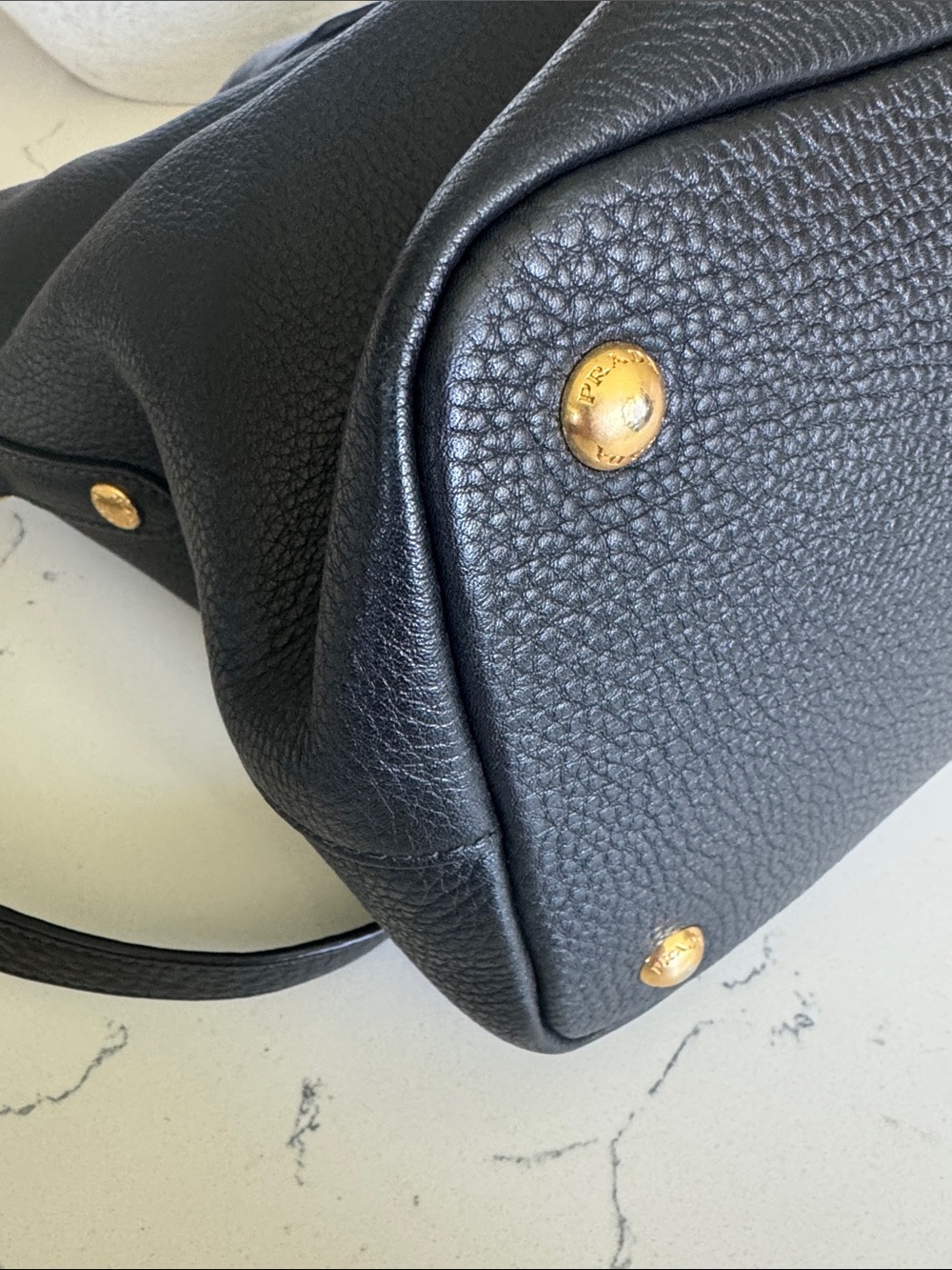 Prada Black Pebbled Leather Satchel with Gold Logo and Strap - Picture 8 of 14